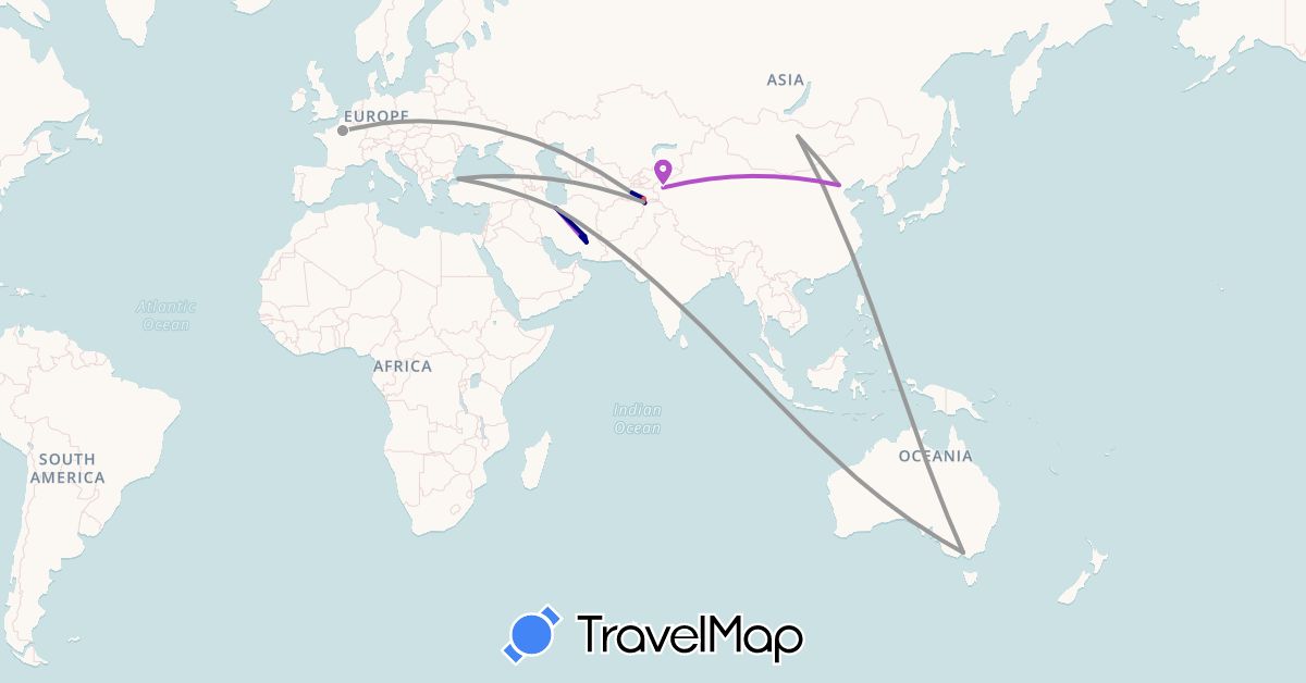 TravelMap itinerary: driving, plane, train, hiking in Afghanistan, Australia, China, France, Iran, Mongolia, Tajikistan, Turkey (Asia, Europe, Oceania)